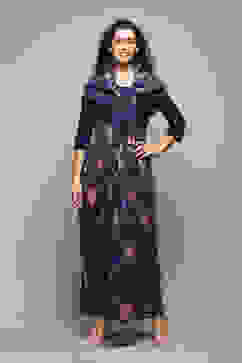 Navy LIVA Flared Solid Dress image number 0