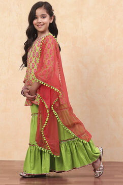 Green Cotton Floral Printed Straight Suit Set image number 3