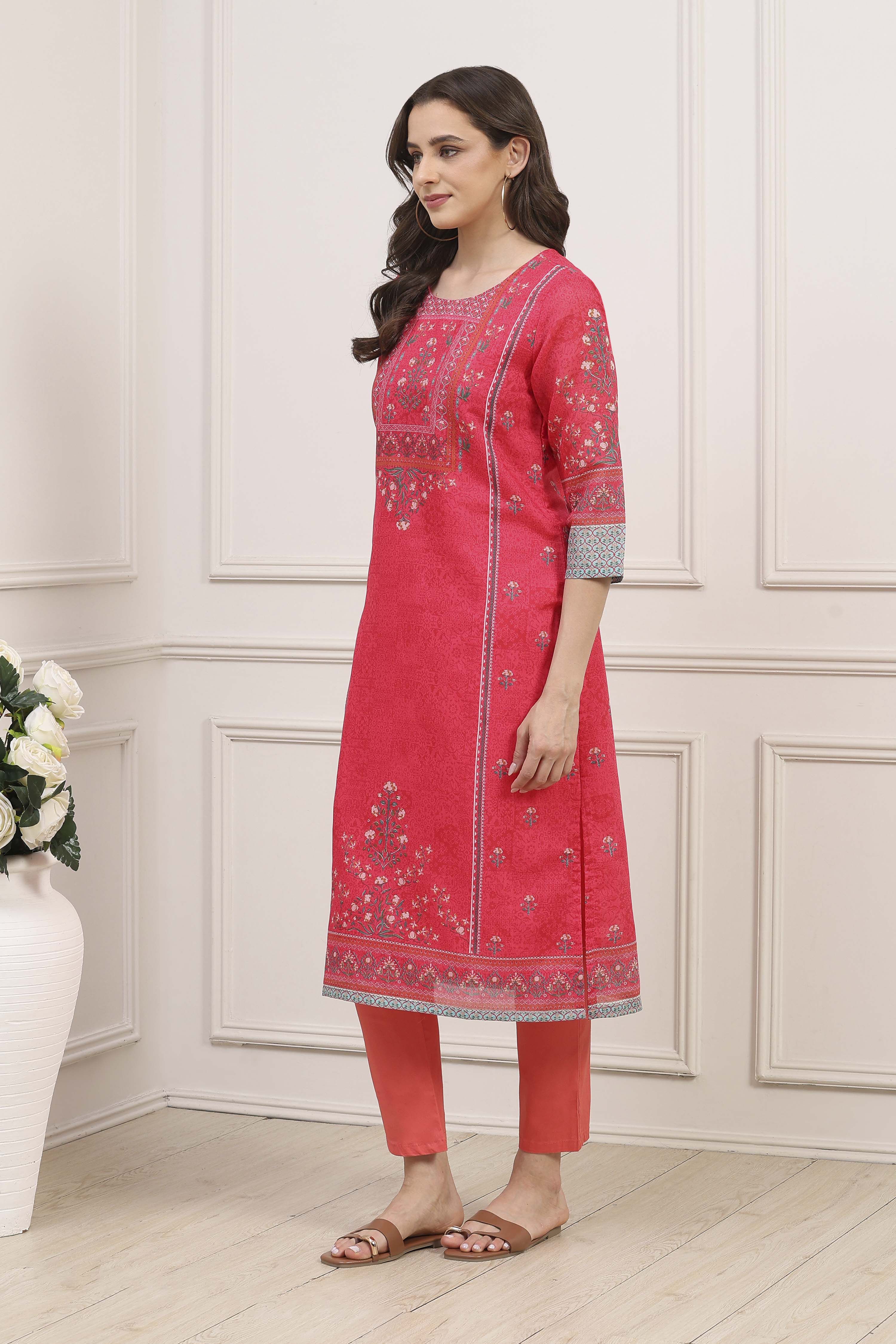 Dark Green A-Line Cotton Kurta image number 2