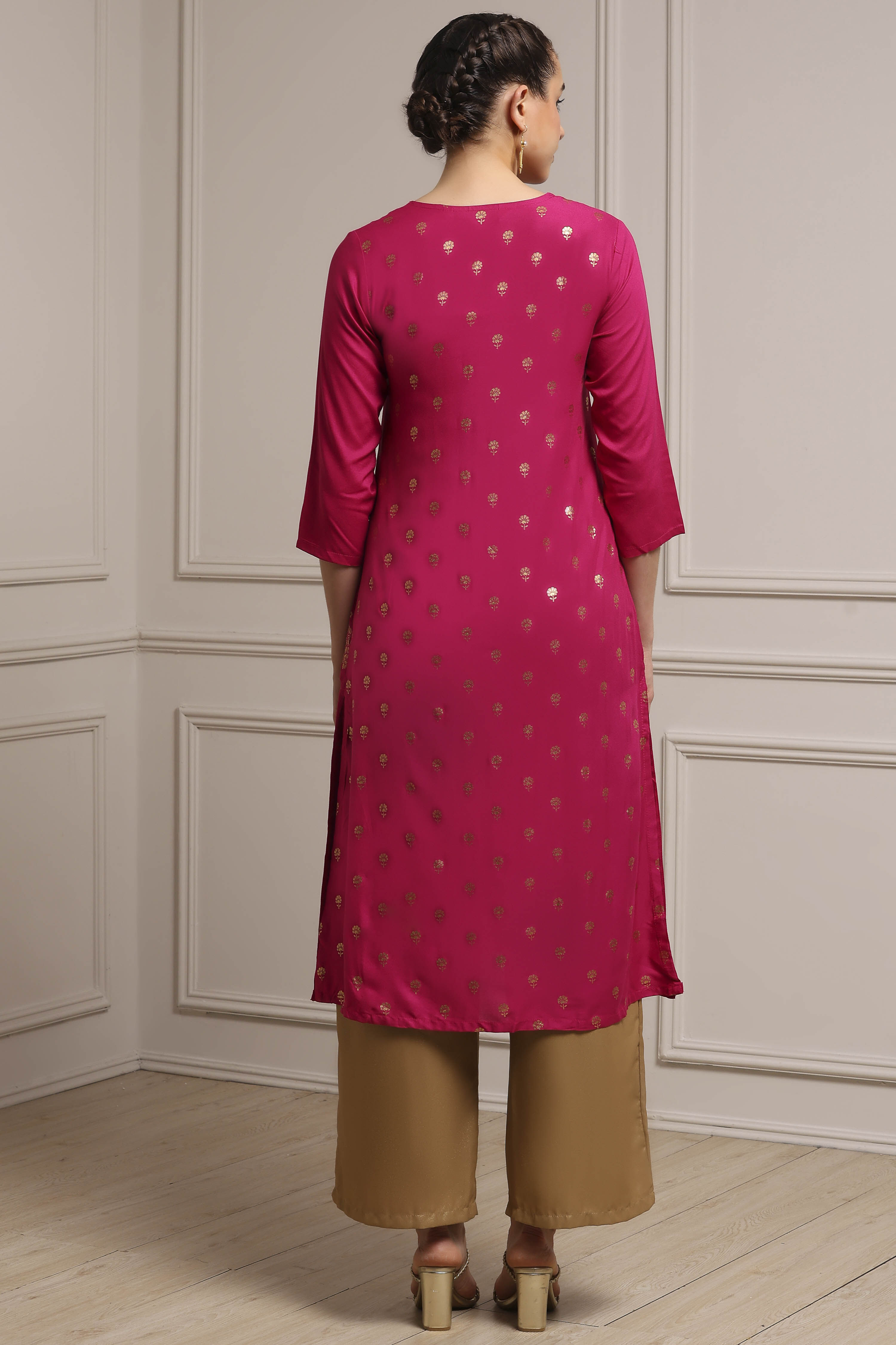 Fuschia Rayon A-Line Printed Kurta image number 3