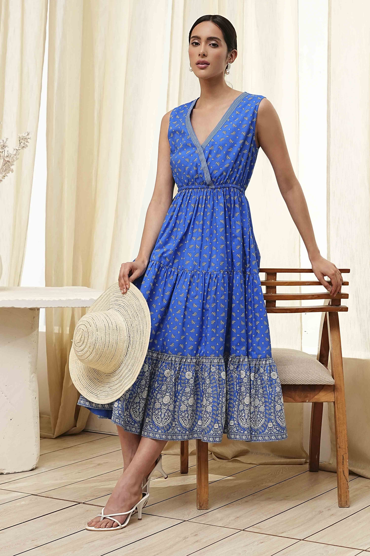 Blue Cotton Printed Tiered Dress