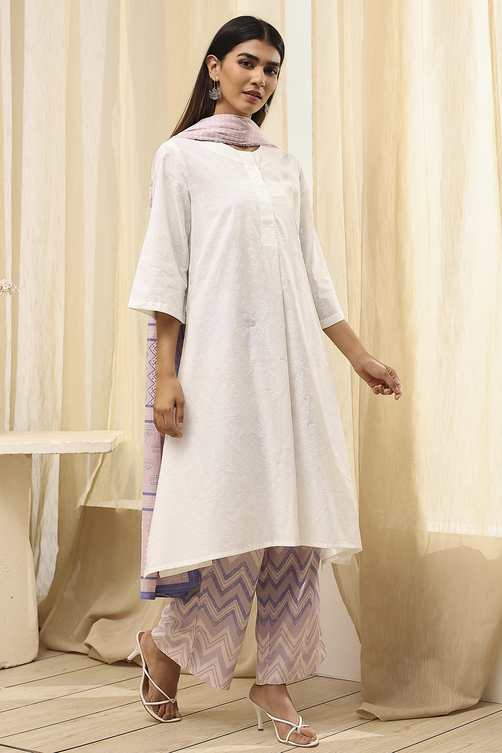 Blue and White Cotton Straight Suit Set image number 4