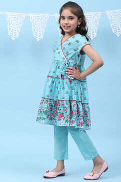 Sky Blue Art Silk Straight Printed Kurta image number 3