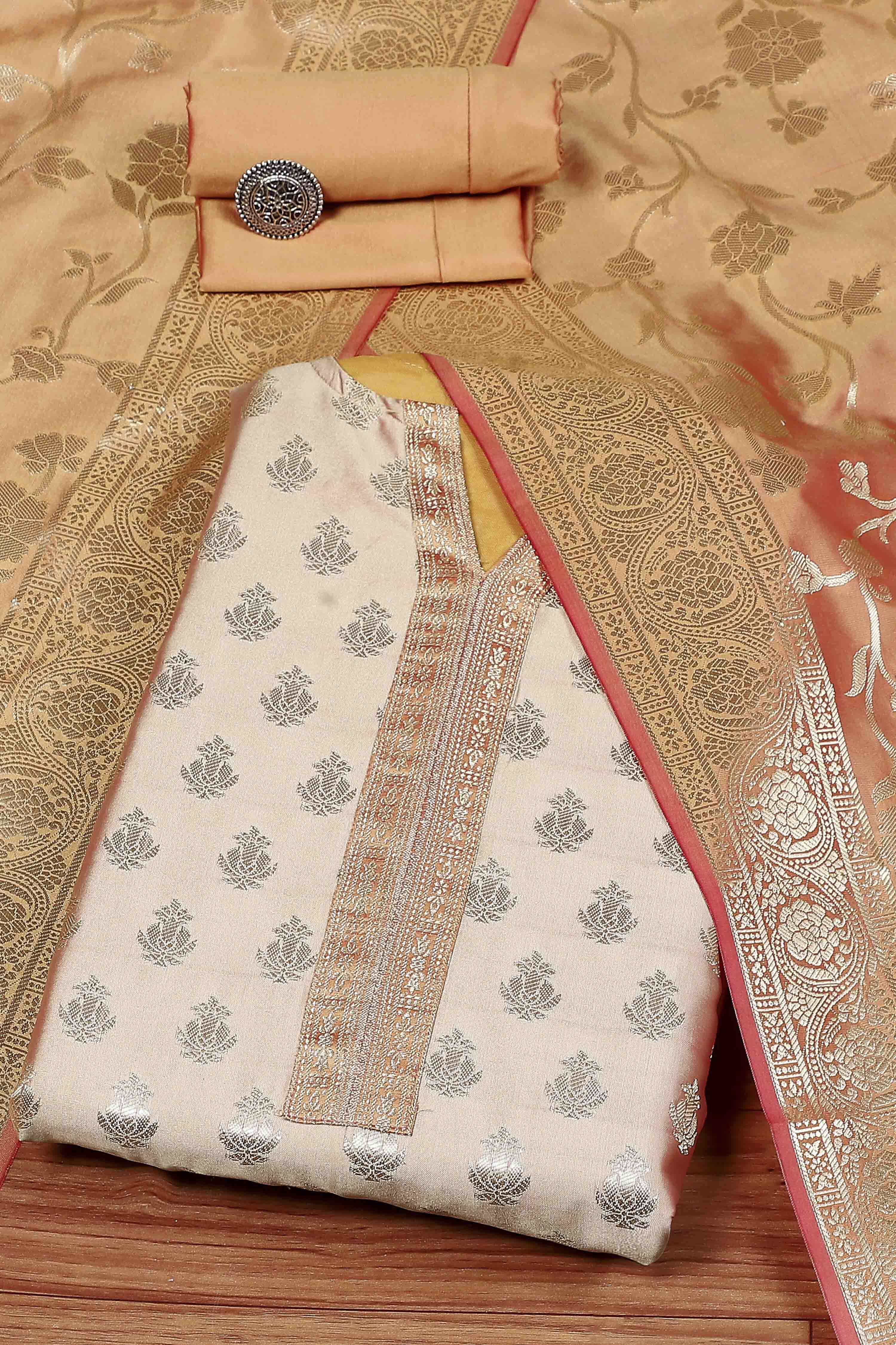 Beige Silk Blend Banarasi Unstitched Suit Set image number 0