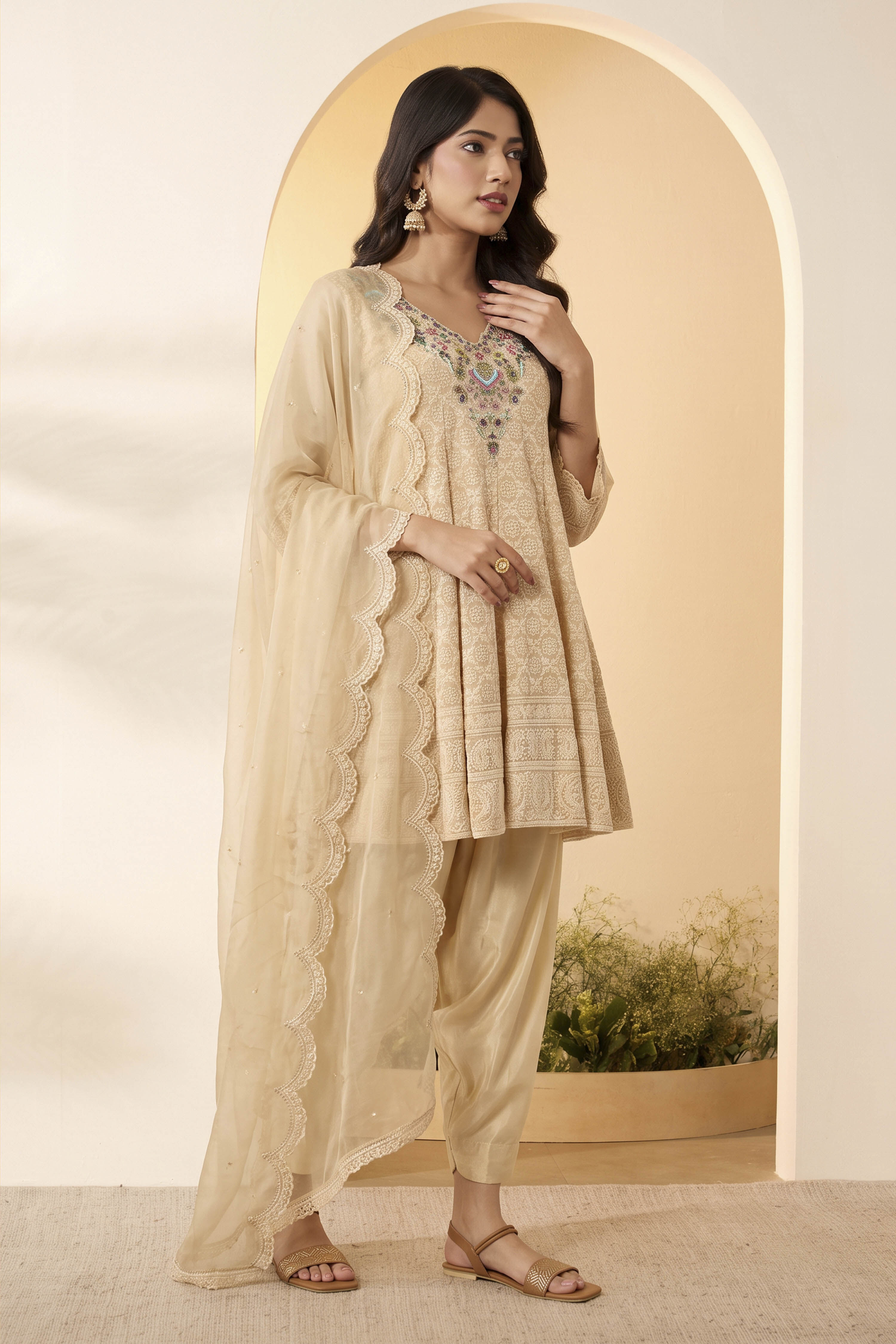 Beige Polyester Kalidar Suit Set image number 3