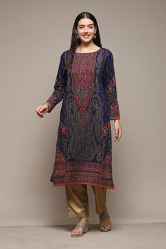 Navy Poly Cotton Straight Yarndyed Kurta image number 6