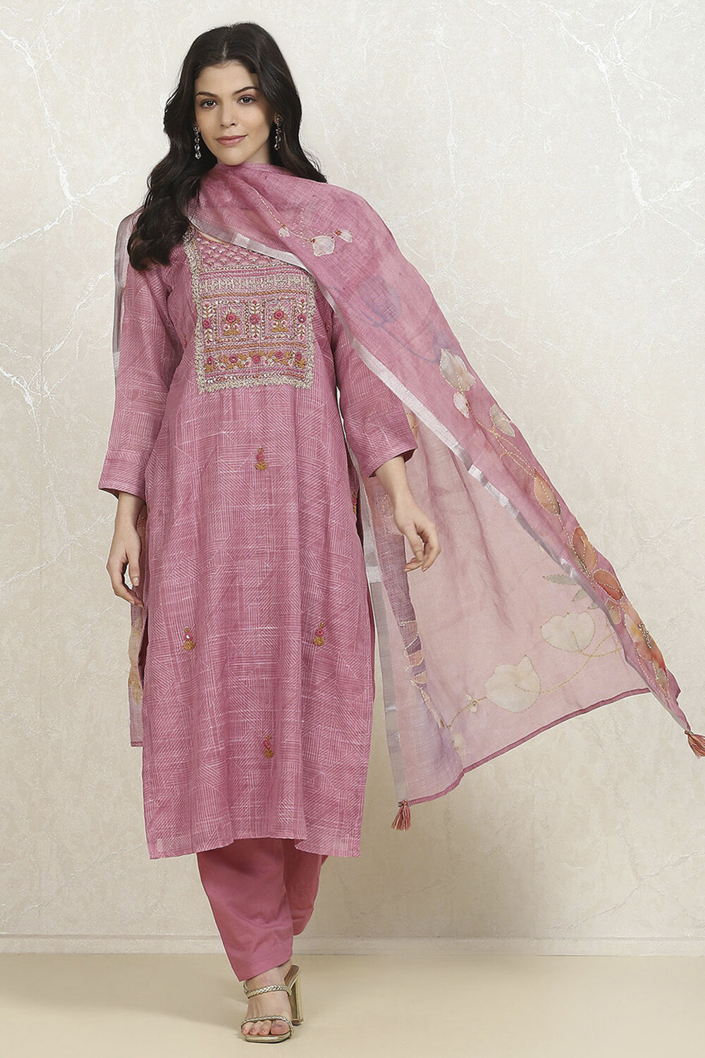 Pink Cotton Hand Embroidered Unstitched Suit Set image number 1