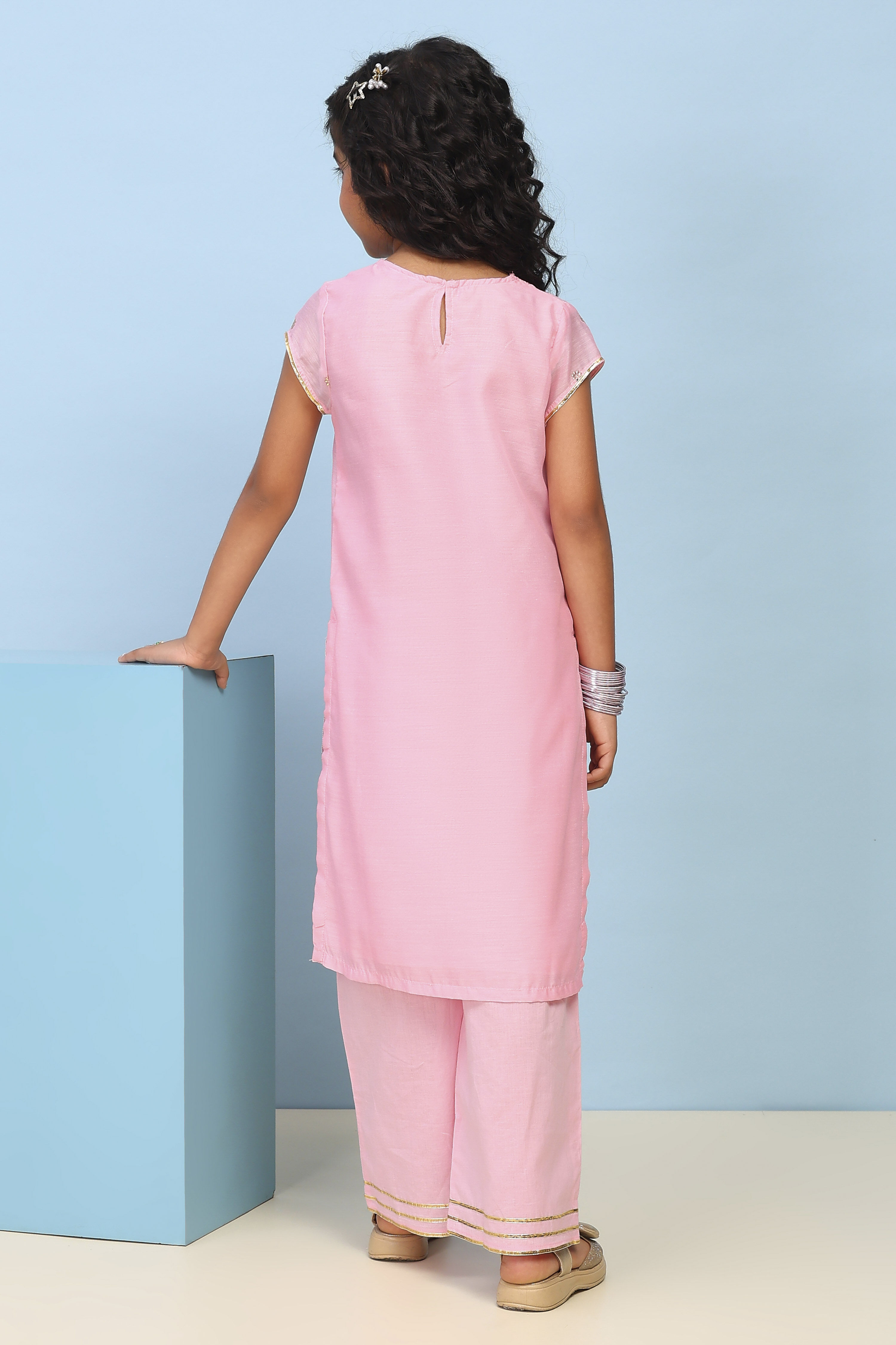 Aqua Polyester Straight Printed Suit Set image number 4