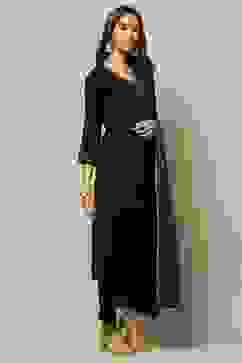 Black Cotton Straight Kurta Pants Suit Set image number 6