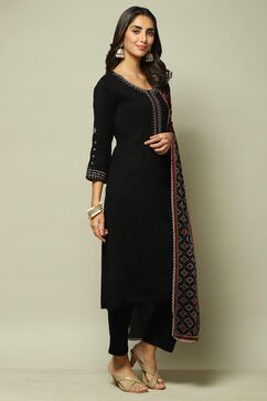 Black Cotton Straight Kurta Pants Suit Set