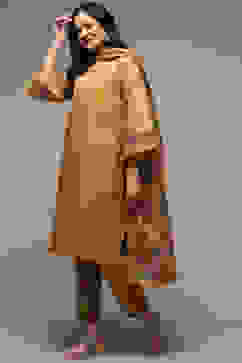 Mustard Art Silk Straight Kurta Slim Pants Suit Set image number 5