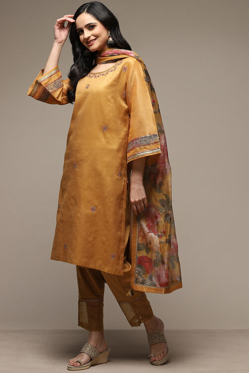 Mustard Art Silk Straight Kurta Slim Pants Suit Set image number 5