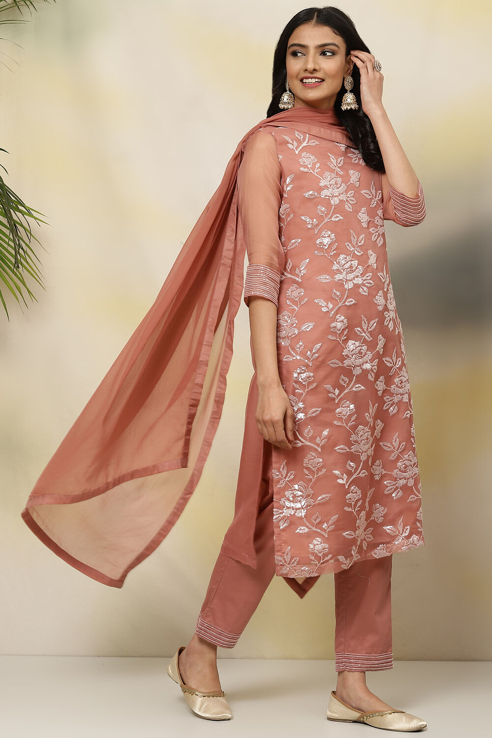 Dusky Pink Art Silk Straight Kurta Regular Pant Suit Set image number 6