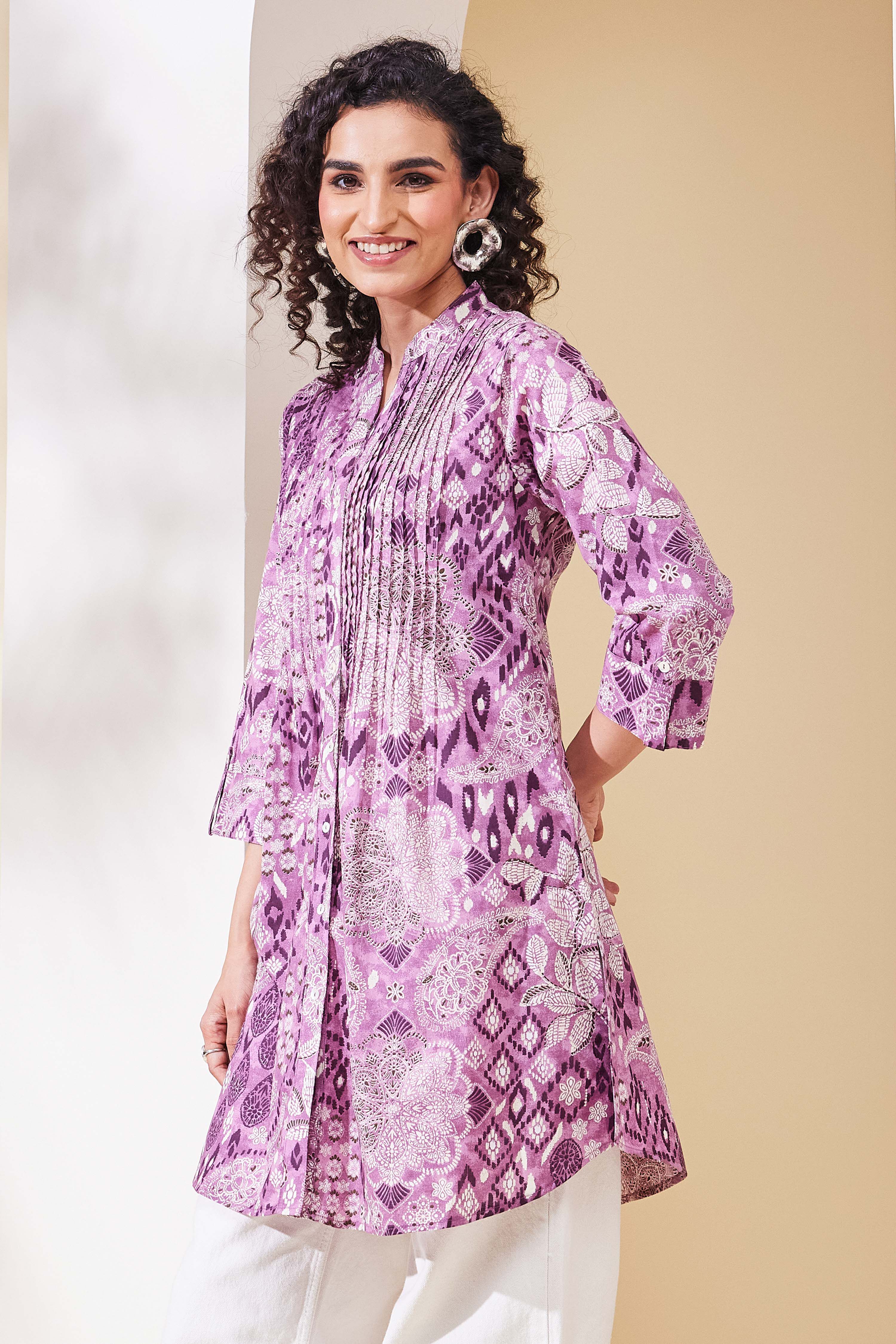 Purple Cotton Printed A-Line Kurta image number 2