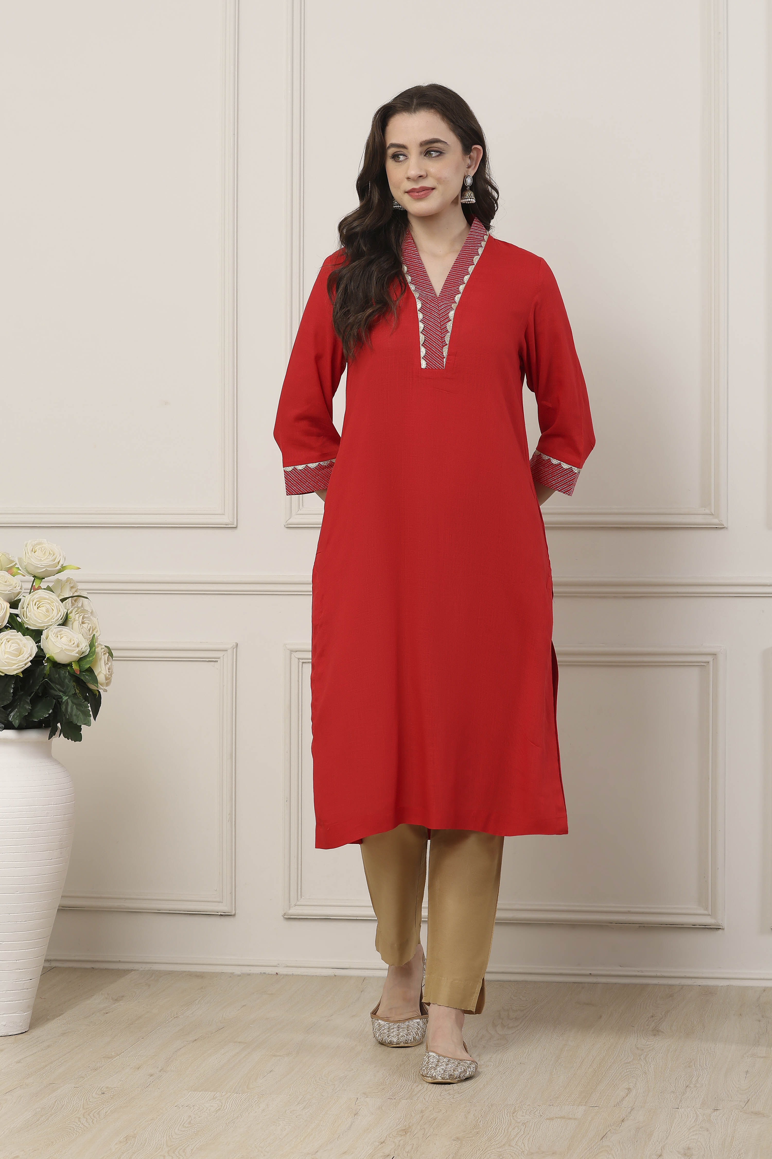 Red Viscose Rayon Straight Kurta image number 5