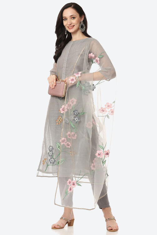 Grey Upada Silk Easy Stitch Suit Set image number 7
