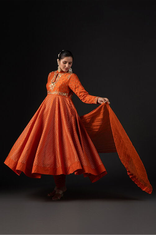 Rohit Bal Orange Cotton Silk Anarkali Printed Suit Set image number 8