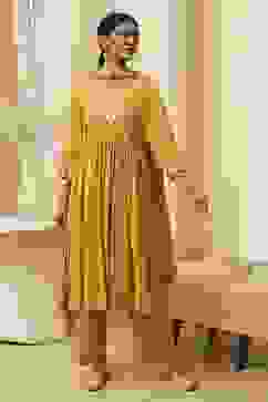 Ochre Yellow Viscose Embellished Gathered Suit Set image number 6