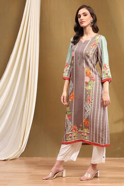 Purple Floral Printed Regular Fit Straight Kurta image number 2