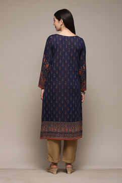 Navy Poly Cotton Straight Yarndyed Kurta image number 3