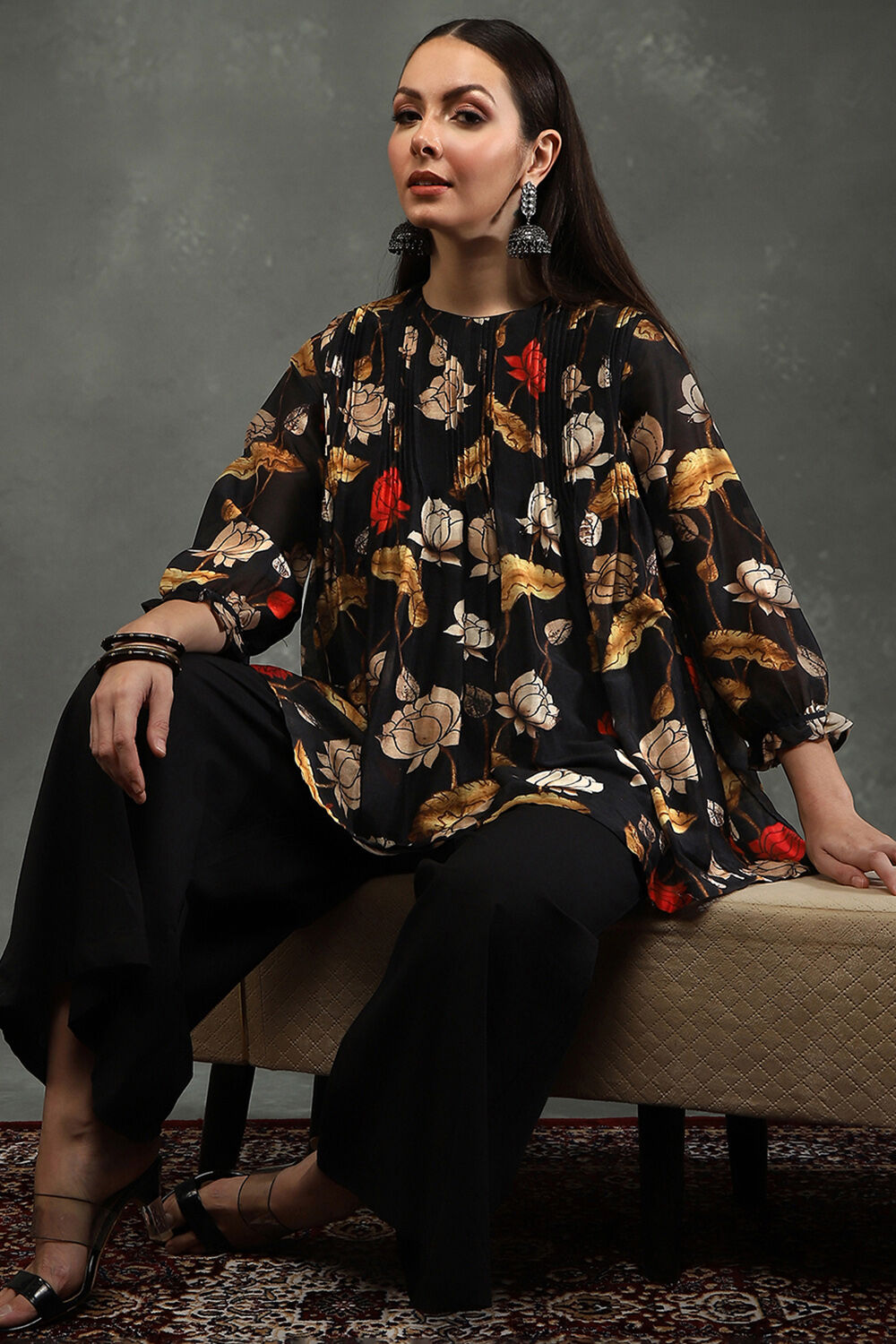 Black Silk Chanderi Floral Printed Gathered Co-ord Set image number 0