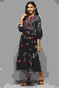 Black Cotton Straight Printed Kurta image number 2