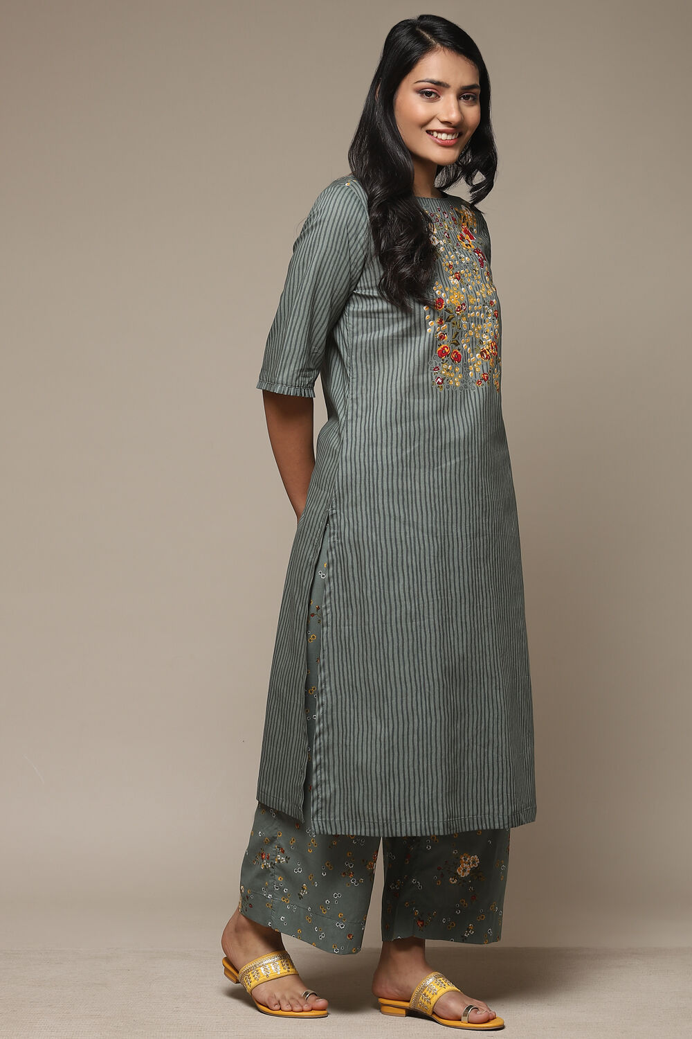 Yellow Cotton Straight Kurta Palazzo Suit Set image number 5