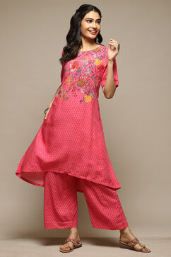 Pink Rayon Asymmetric Kurta Palazzo Suit Set image number 0