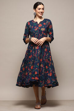 Teal Cotton Flared Printed Dress image number 5