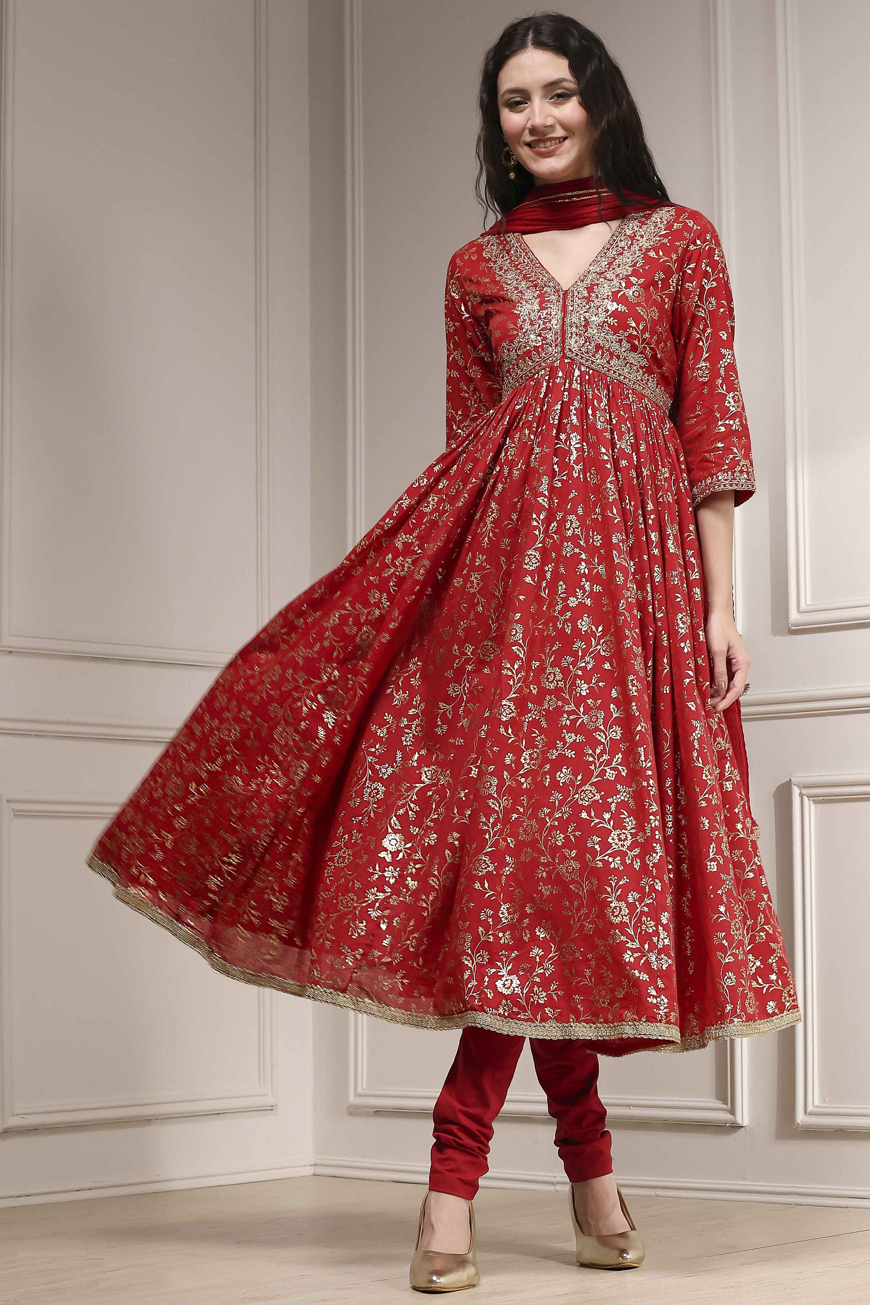 Red Cotton Foil Printed Anarkali Suit Set image number 7