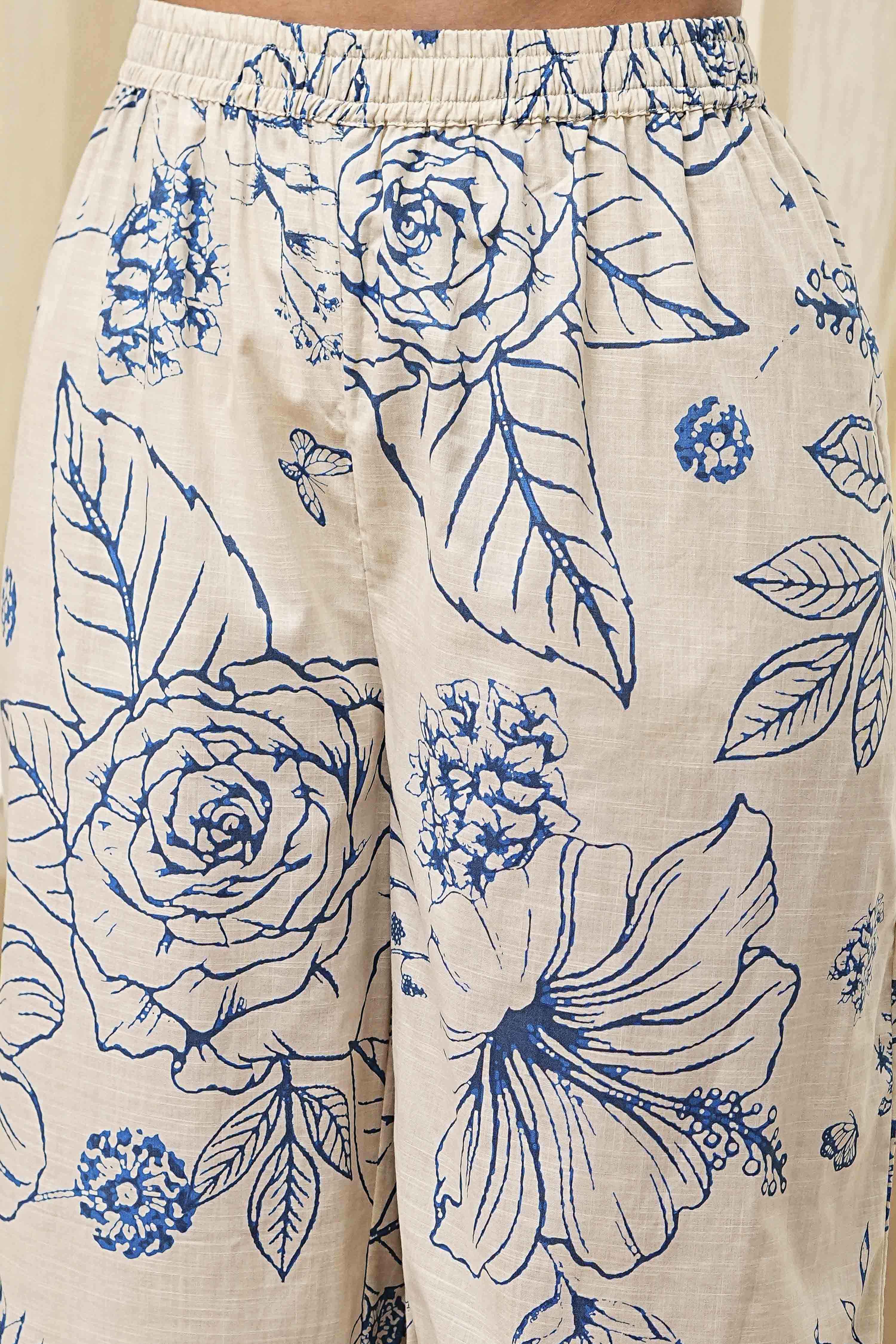 Off-White and Blue Cotton Straight Suit Set image number 2