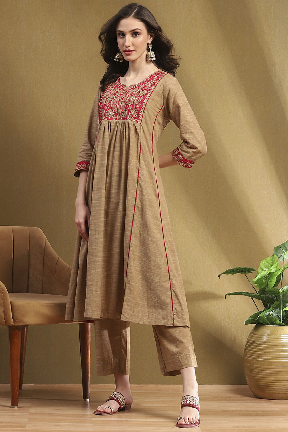 Khaki Cotton Embroidered Gathered Kurta Set image number 0
