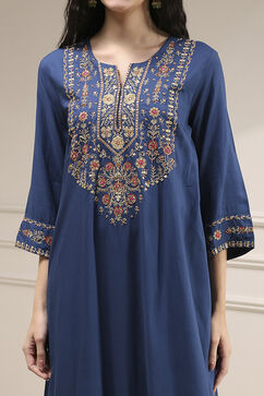 Navy Blue Embroidered Straight Suit Set image number 1