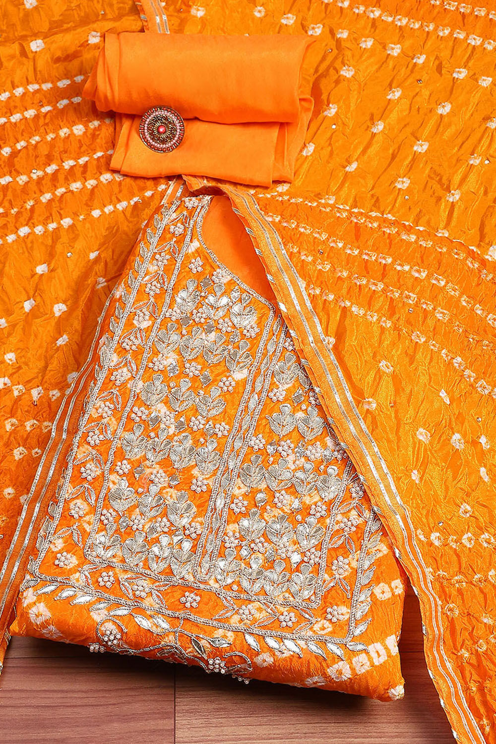 Orange Silk Blend Bandhej Crinkled Unstitched Suit Set image number 0