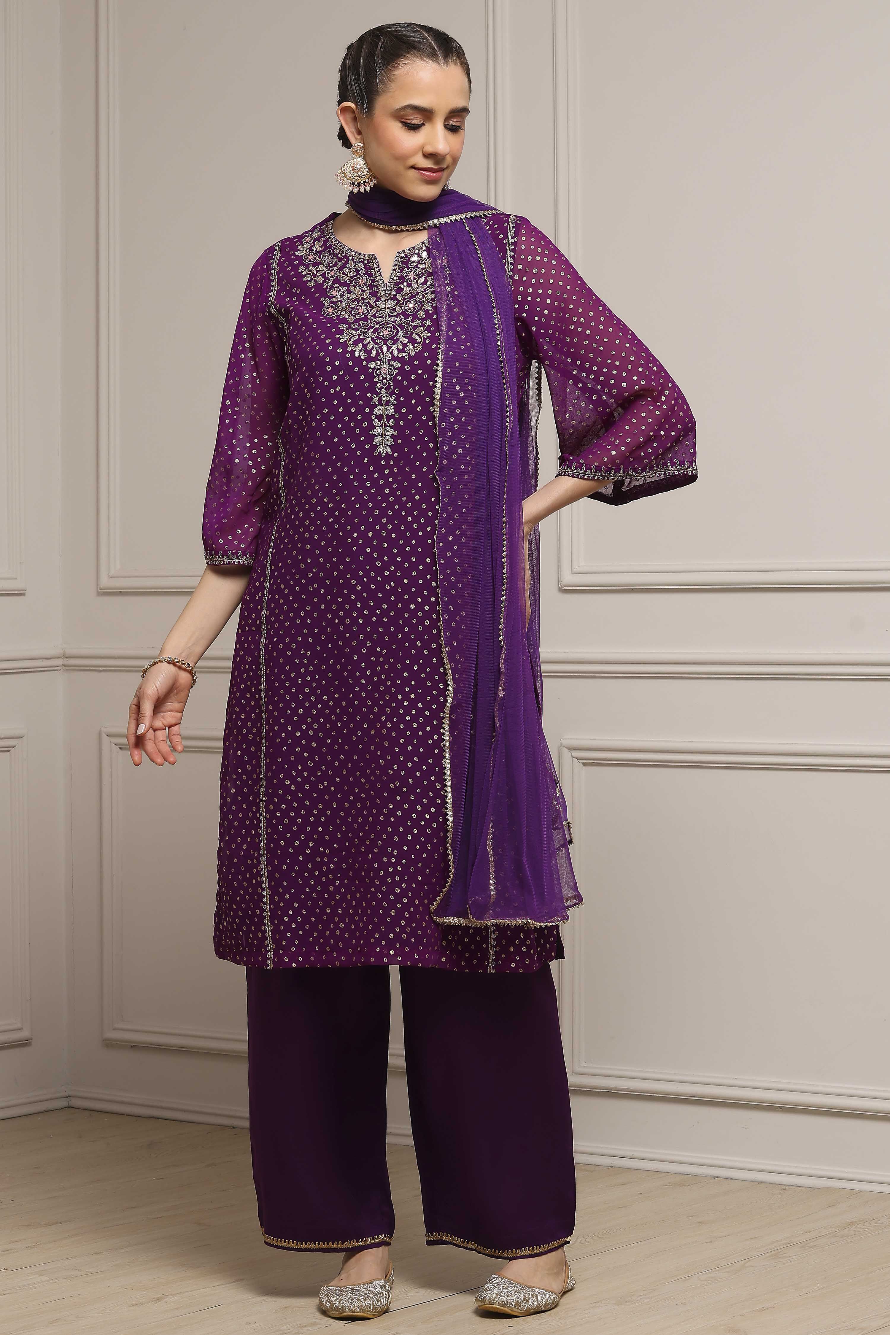 Purple Poly Georgette Printed Straight Suit Set image number 5