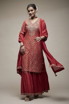 Red Cotton Blend Garara Suit Set image number 2