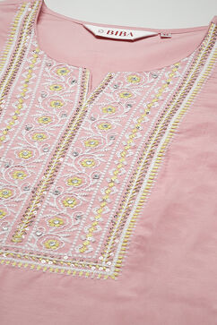 Pink Cotton Straight Embroidered Kurta image number 5