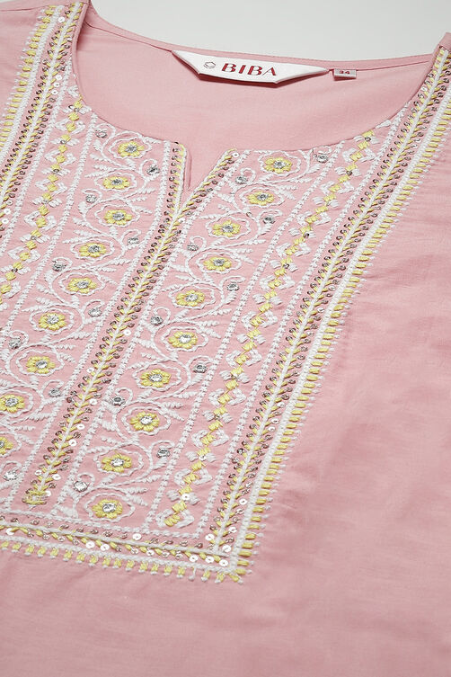 Pink Cotton Straight Embroidered Kurta image number 5
