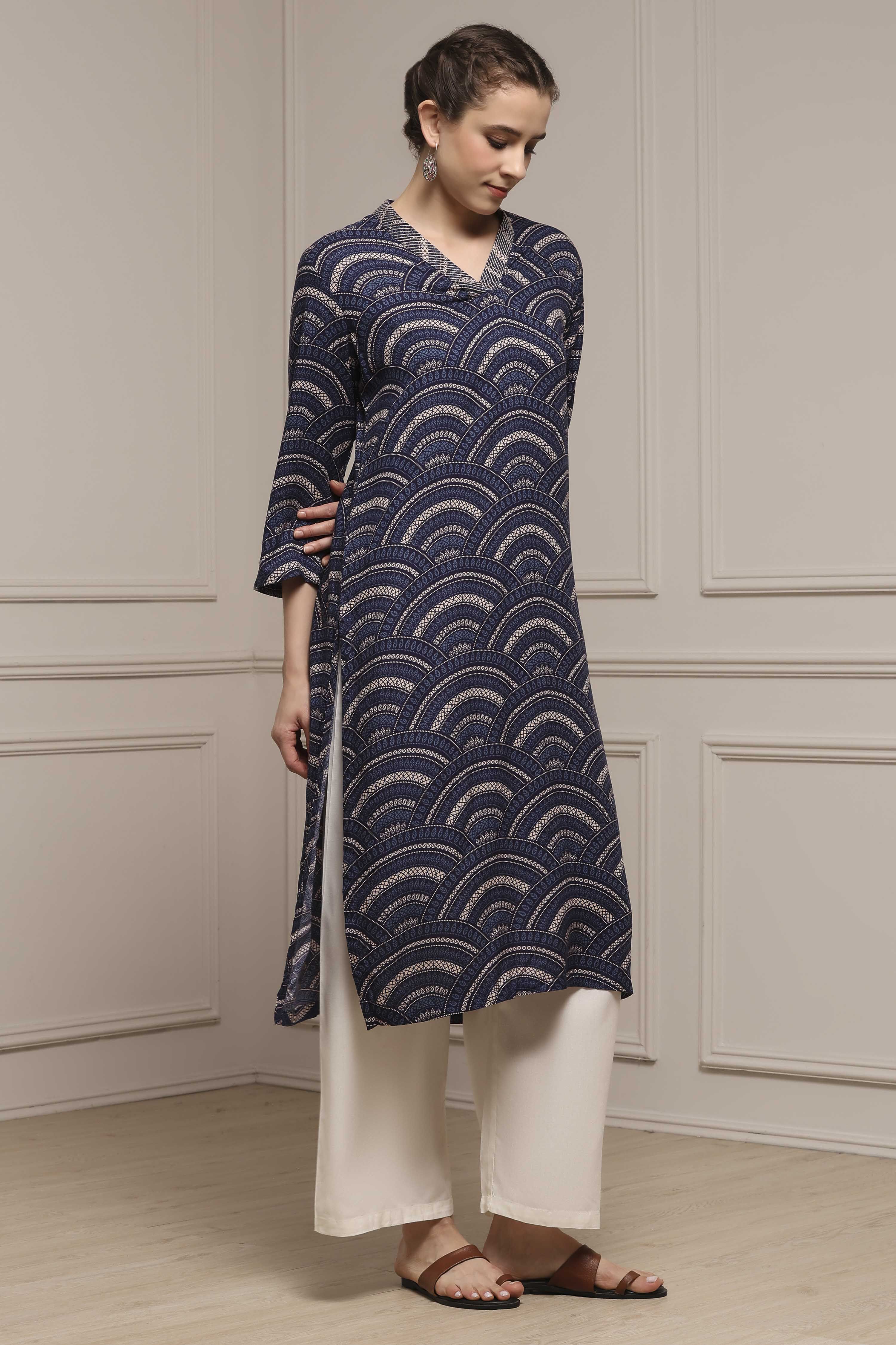 Indigo Blue Viscose Rayon Straight Kurta image number 4