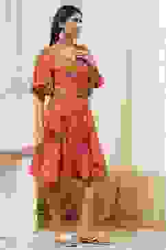 Orange Floral Printed Flared Dress image number 4