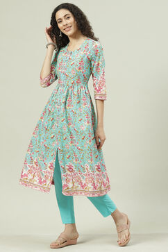 Green & Turquoise Printed Cotton Gathered Suit Set image number 3