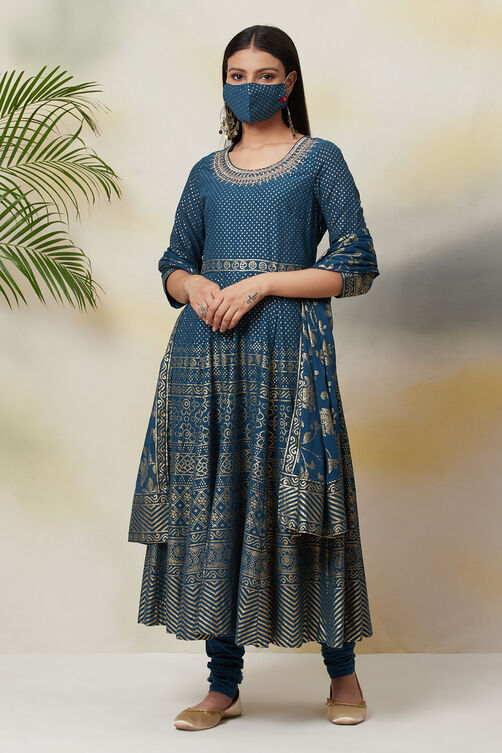 Blue Cotton Anarkali Kurta Churidar Suit Set image number 4