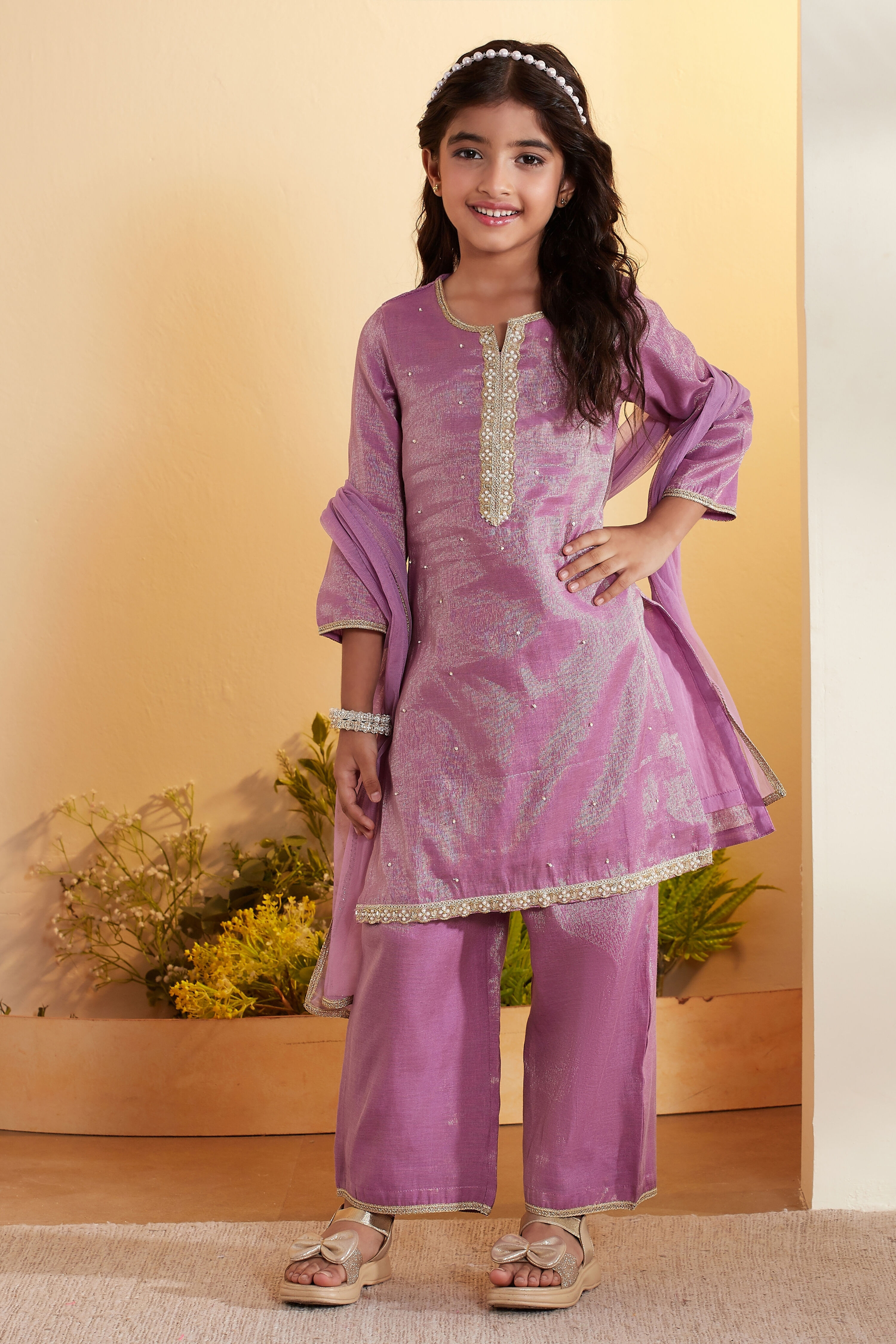 Purple Cotton Embellished Straight Kurta Set image number 0