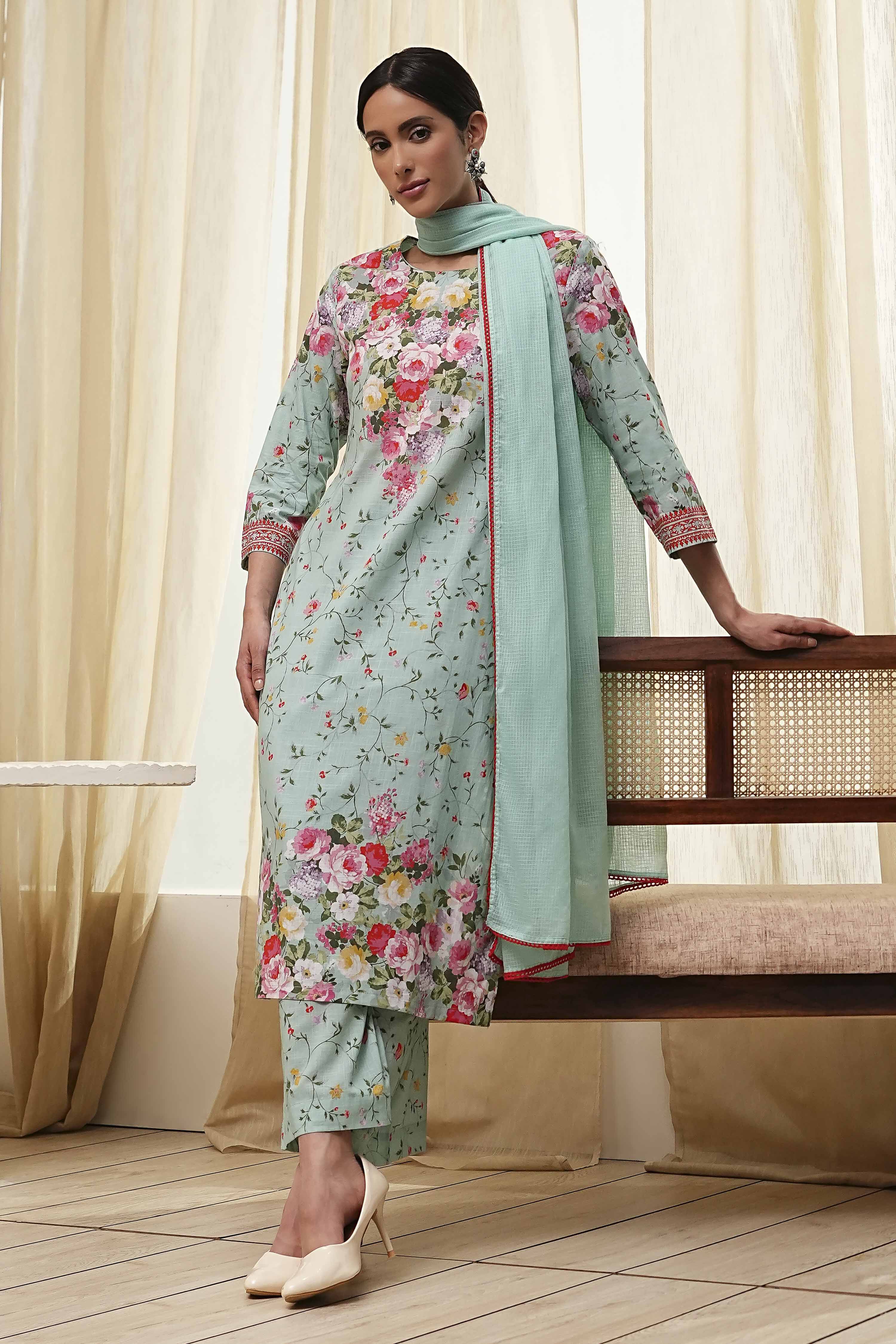 Turquoise Cotton Floral Printed Straight Suit Set image number 0