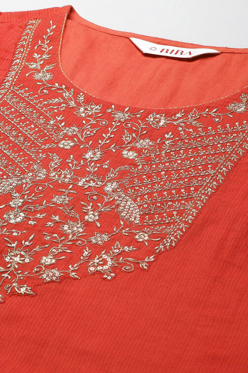 Red Cotton Straight Kurta Skirt Suit Set image number 1