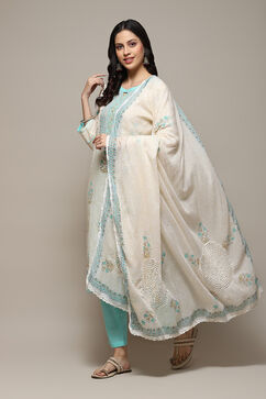 Teal Blue Cotton Hand Embroidered Unstitched Suit Set image number 1