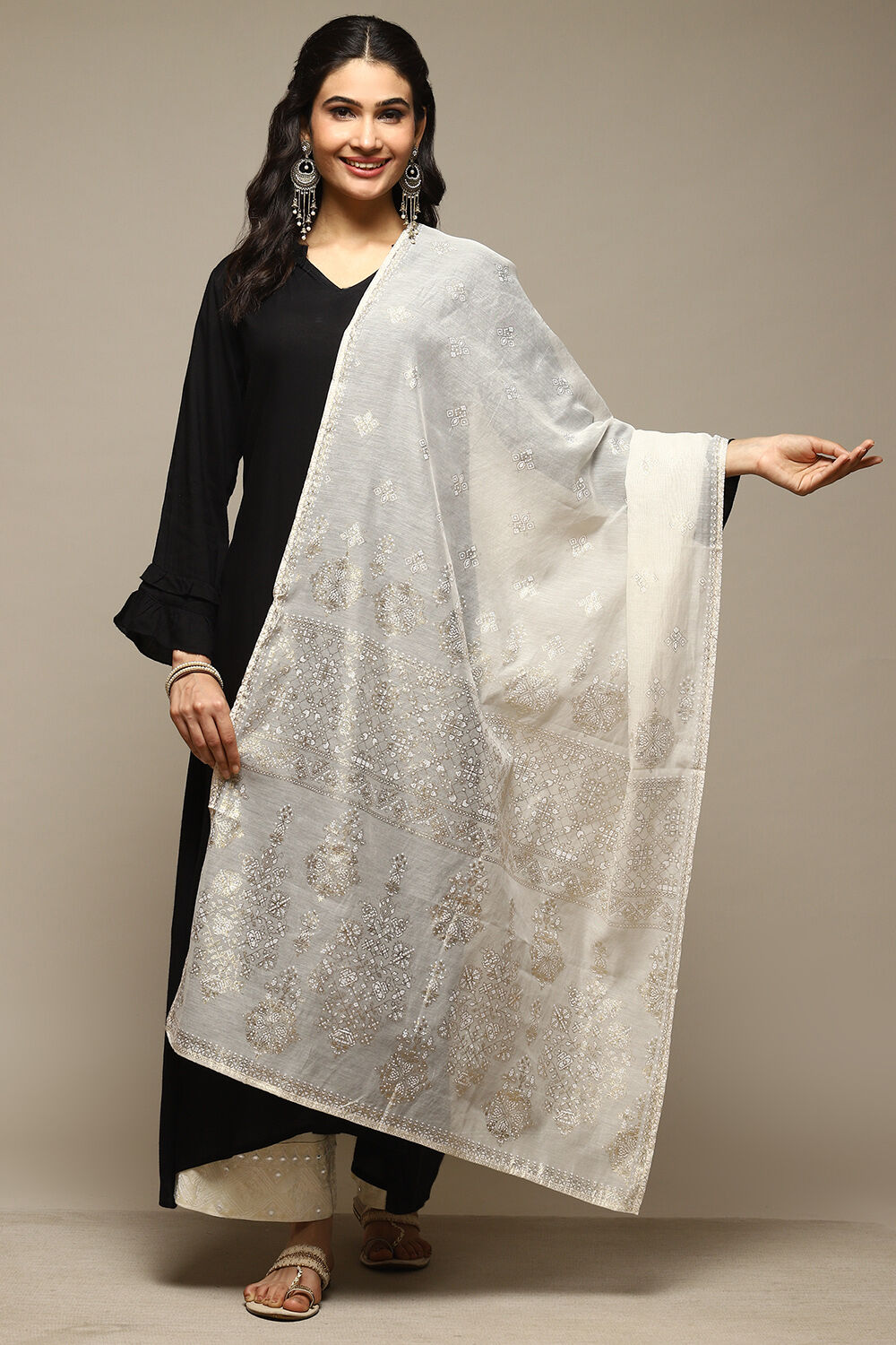 Off White Cotton Blend Printed Dupatta