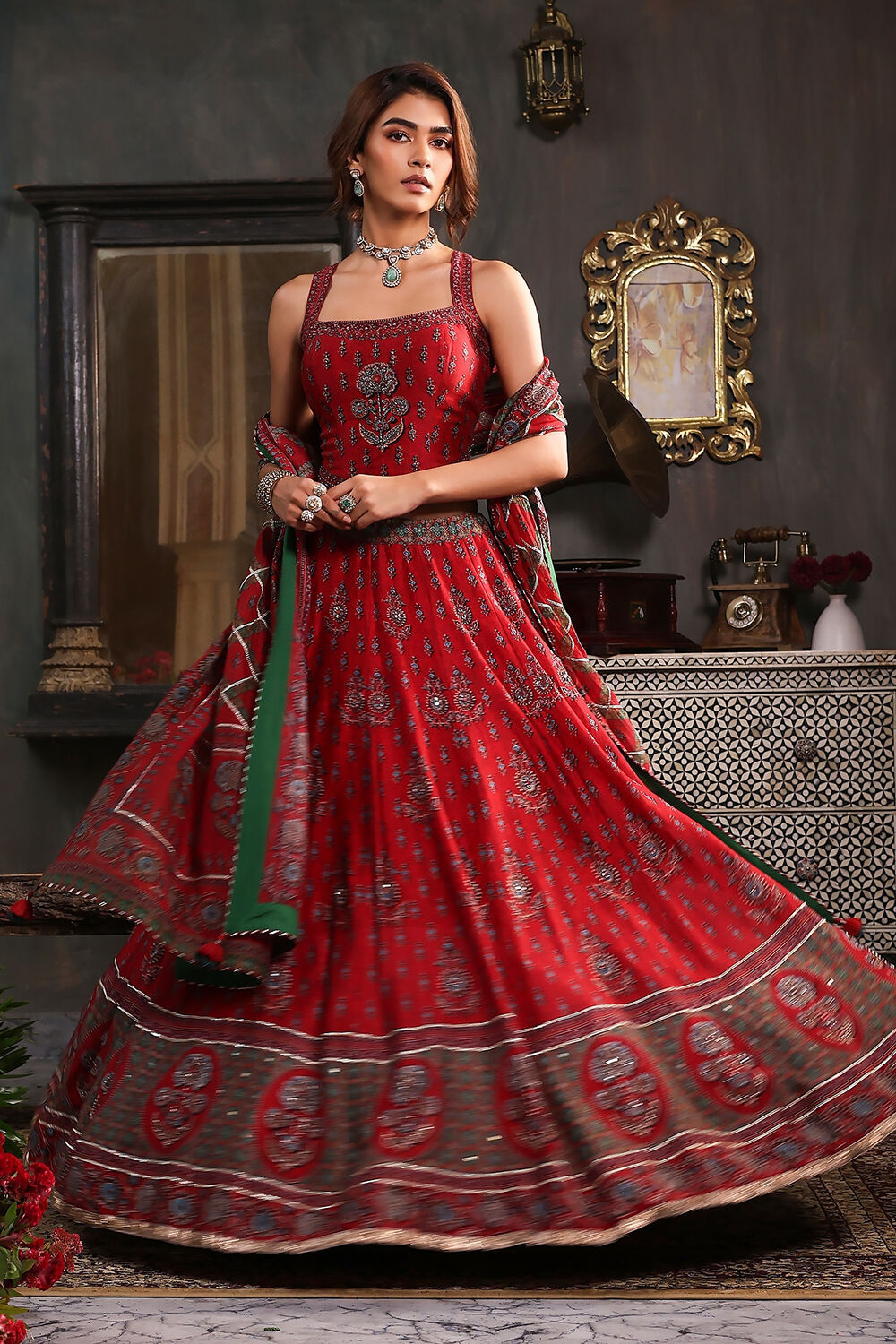 Red Chanderi Printed Fitted Lehenga Set image number 6
