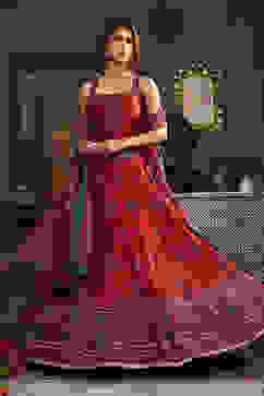 Red Chanderi Printed Fitted Lehenga Set image number 6