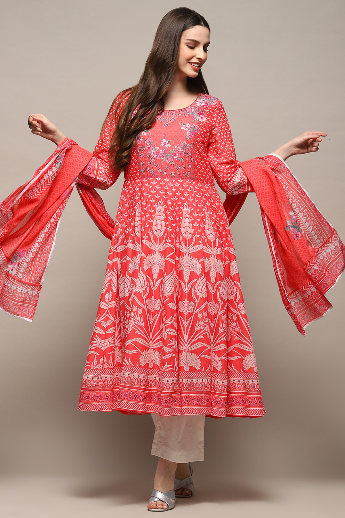Coral Cotton Anarkali Suit Set